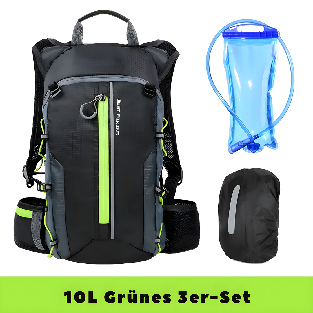 10L grüner Fahrradrucksack mit Trinkblase und Regenschutz, ideal für Outdoor-Aktivitäten.
