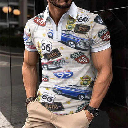 Herren-T-Shirt mit Route 66-Motiven, Autos, weiß, kurzärmelig, Freizeitmode.