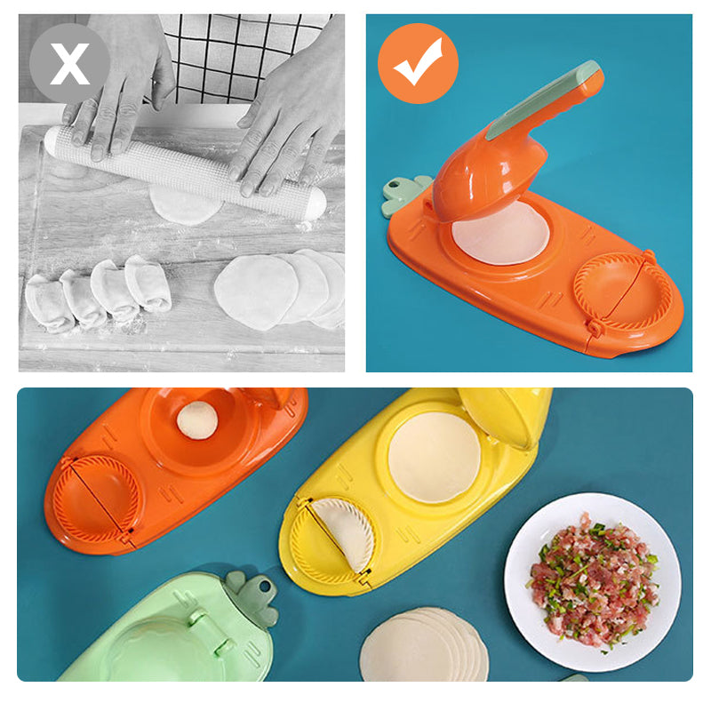 Orange und gelbe Teigpresse für Empanadas, Kunststoff, mit Füllung, Küchenzubehör.