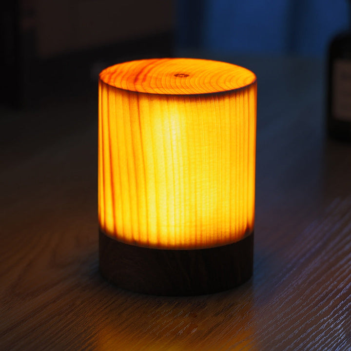 Holz-Tischlampe mit warmem LED-Licht, zylindrisch, modernes Design, für Wohnzimmer.