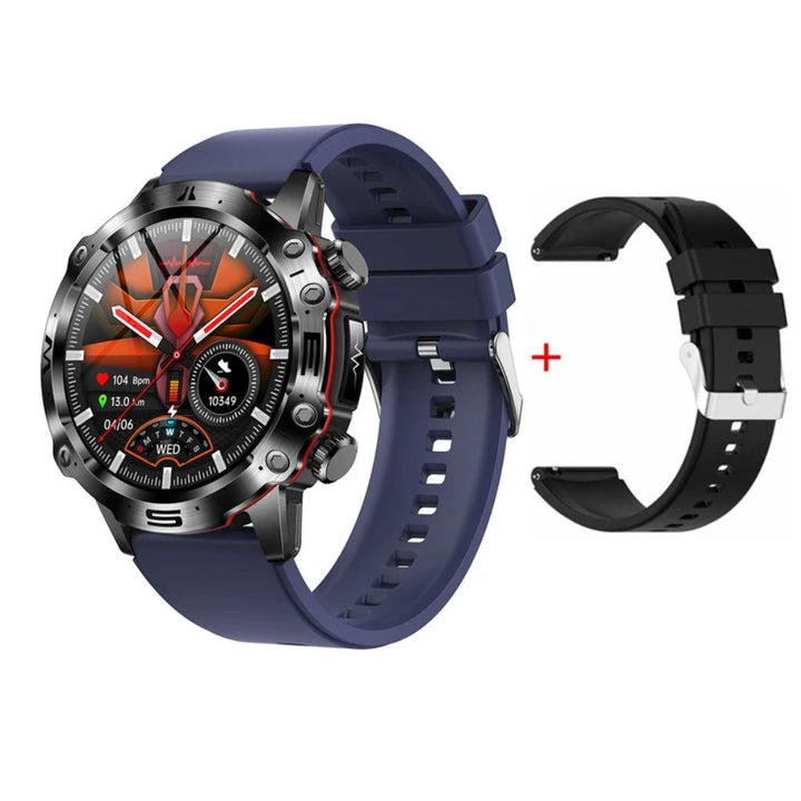 Herren-Smartwatch mit blauem Armband, Edelstahlgehäuse, zusätzlichem schwarzem Armband.