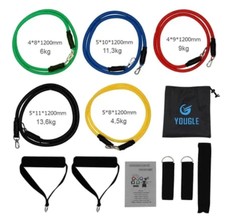 Fitness-Widerstandsbänder Set, 5 Farben, mit Griffen und Tasche, für Krafttraining und Yoga.