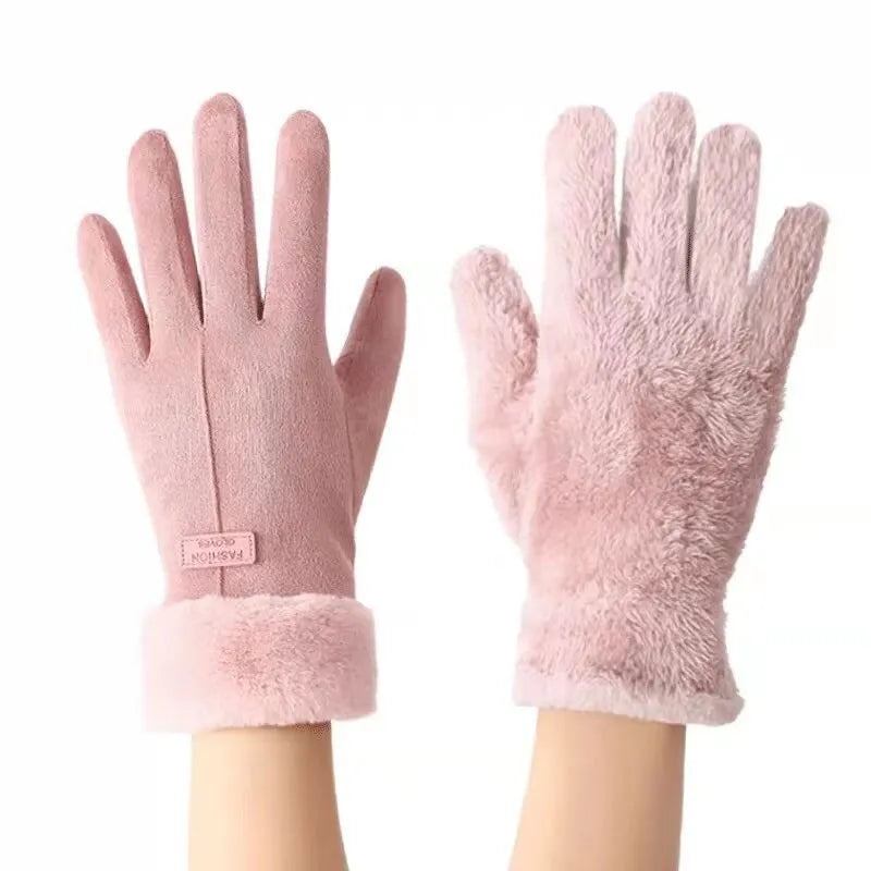 Rosa Damenhandschuhe aus Fleece, warm, weich, Wintermode, stilvoll, bequem.