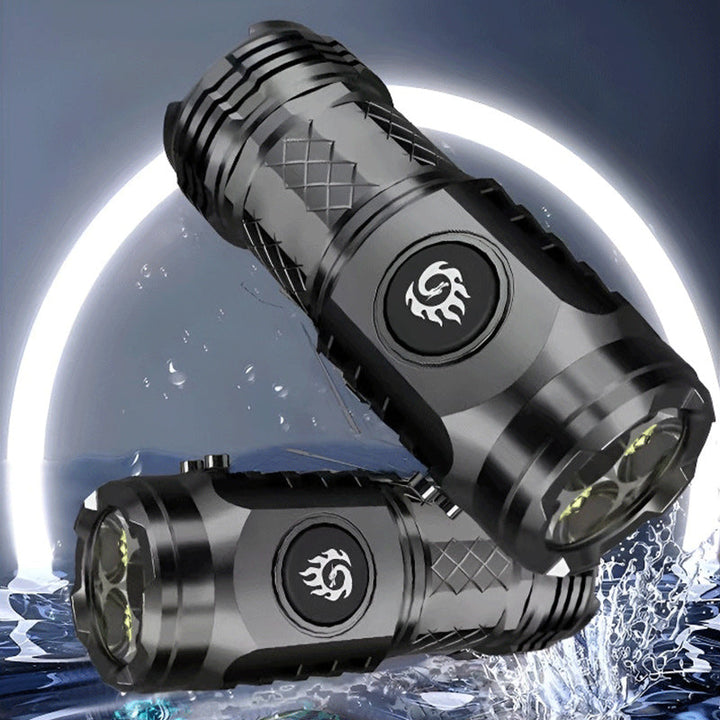 Schwarze wasserdichte LED-Taschenlampe, robustes Design, ideal für Outdoor-Abenteuer.