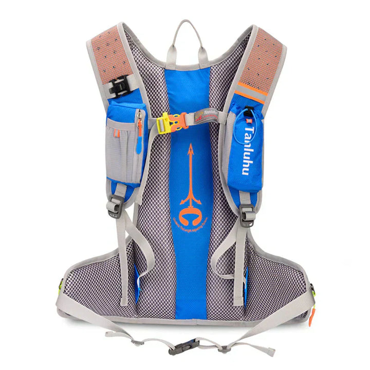 Blauer Laufrucksack mit Netzrücken, verstellbaren Gurten, ideal für Outdoor-Sportarten.