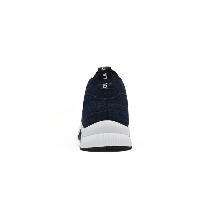 Dunkelblauer Sneaker aus Stoff, Rückansicht, sportlich, bequem, modisch, Herren-Freizeitschuh.