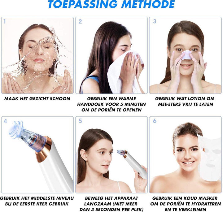 Gesichtspflege-Anleitung: Porenreinigung mit Vakuumgerät, Handtuch, Lotion und Maske.