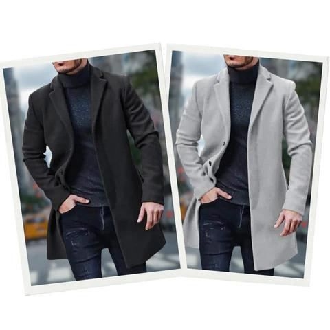 Zwei Herrenmäntel, schwarz und grau, elegant, Wintermode, stilvoll, für Männer.