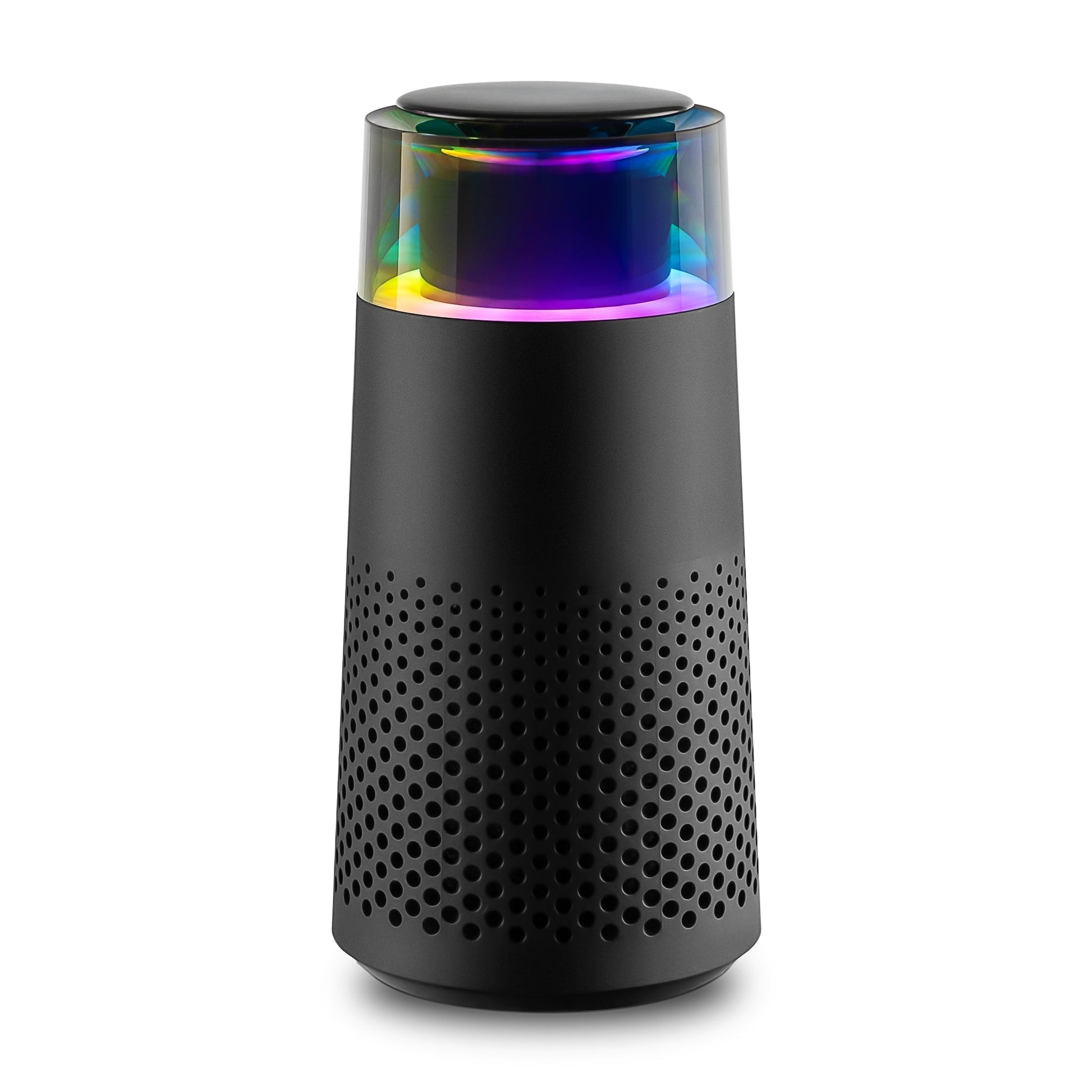 Schwarzer Bluetooth-Lautsprecher mit LED-Licht, zylindrisch, kabellos, modern, tragbar.