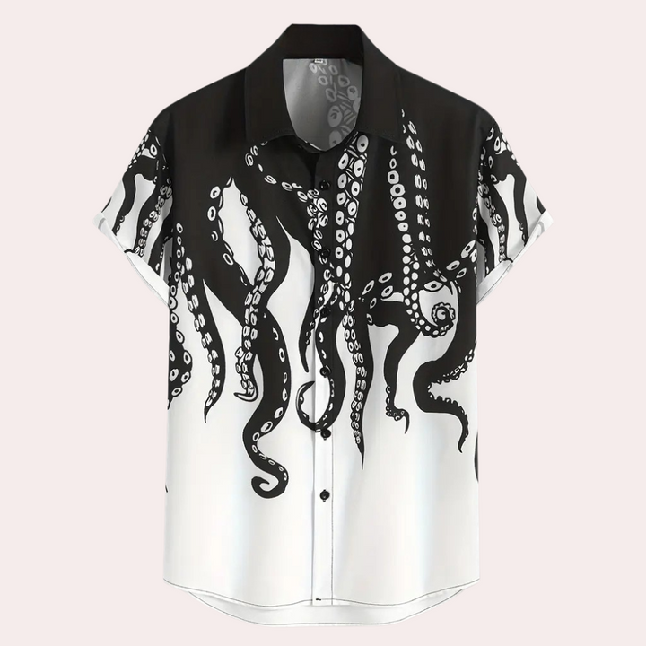 Schwarz-weißes Hemd mit Oktopus-Design, kurzärmelig, Baumwolle, modisch, Herrenmode.