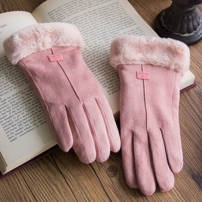 Rosa Damenhandschuhe aus Wildleder mit Kunstfell, elegant, warm, Wintermode Accessoire.