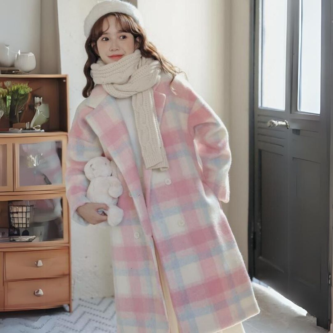 Mädchen im karierten Mantel mit Teddy, Wintermode, pastellfarben, Schal, Mütze, Innenraum.