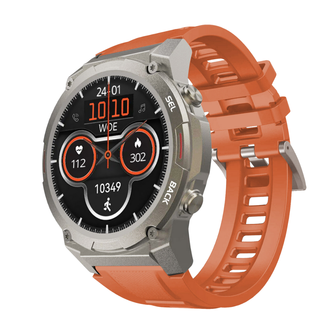 Orange Smartwatch mit rundem Display, Fitness-Tracker, Herzfrequenzmesser, Edelstahlgehäuse.