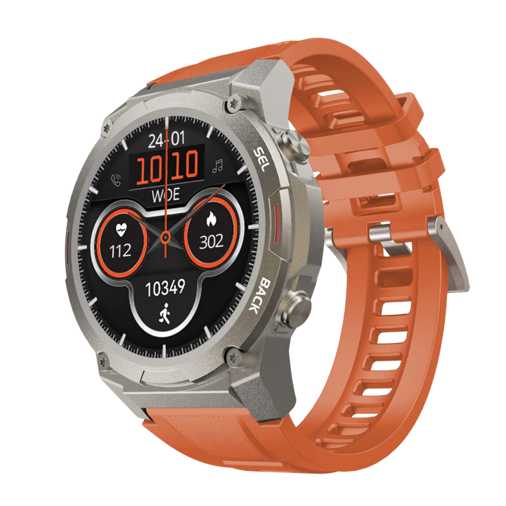 Orange Smartwatch mit rundem Display, Fitness-Tracker, Herzfrequenzmesser, Edelstahlgehäuse.