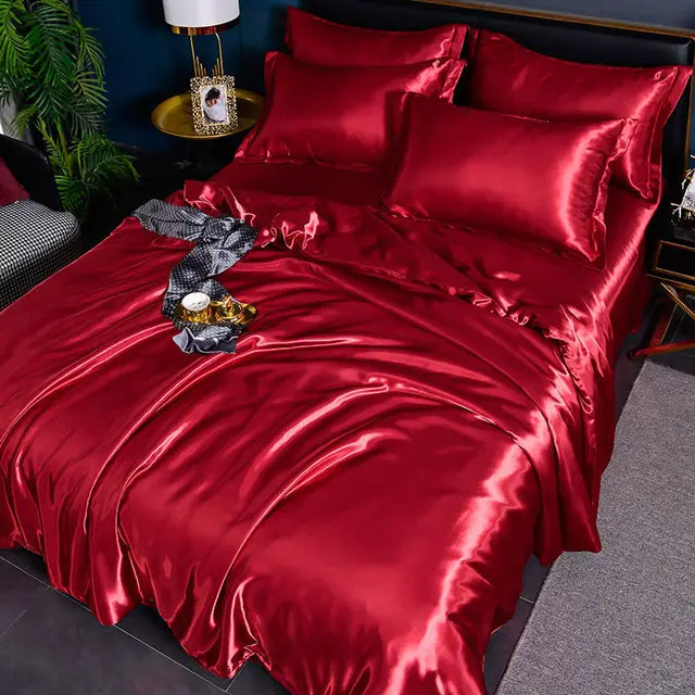 Rotes Seidensatin-Bettwäsche-Set, luxuriös, glänzend, Schlafzimmer-Dekoration, elegant.