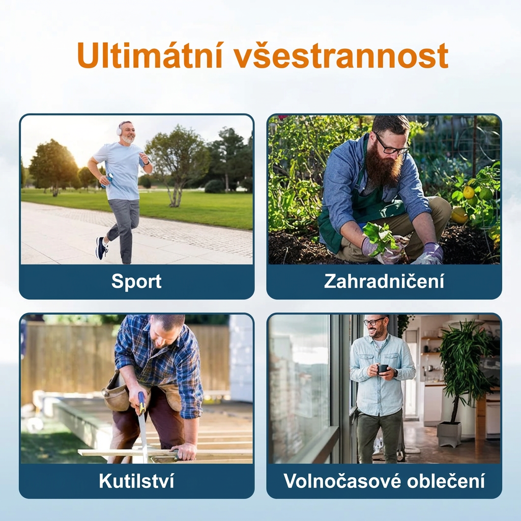 Koláž čtyř fotek mužů při sportu, zahradničení, kutilství a běžném nošení doma 17