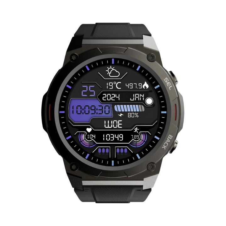 Schwarze digitale Smartwatch mit Wetteranzeige, Fitness-Tracker und Datumsanzeige.
