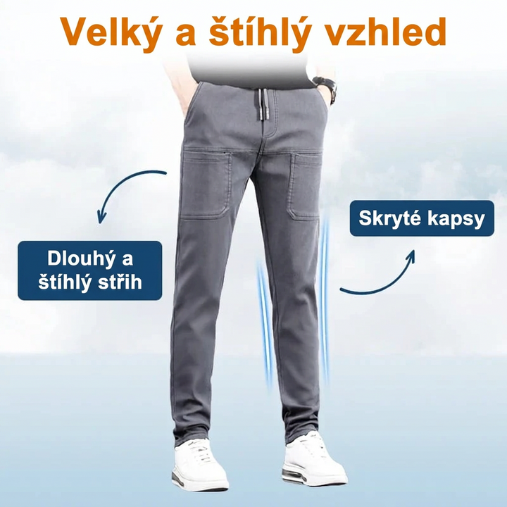 Šedé kalhoty zepředu s popisky o dlouhém štíhlém střihu a skrytých kapsách 19