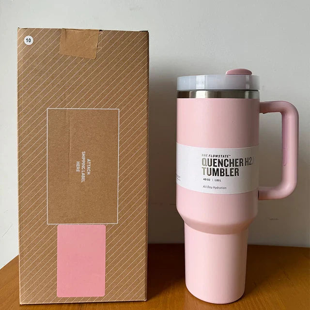 Rosa Thermobecher mit Griff, 1,4L, Edelstahl, doppelwandig, ideal für heiße und kalte Getränke.