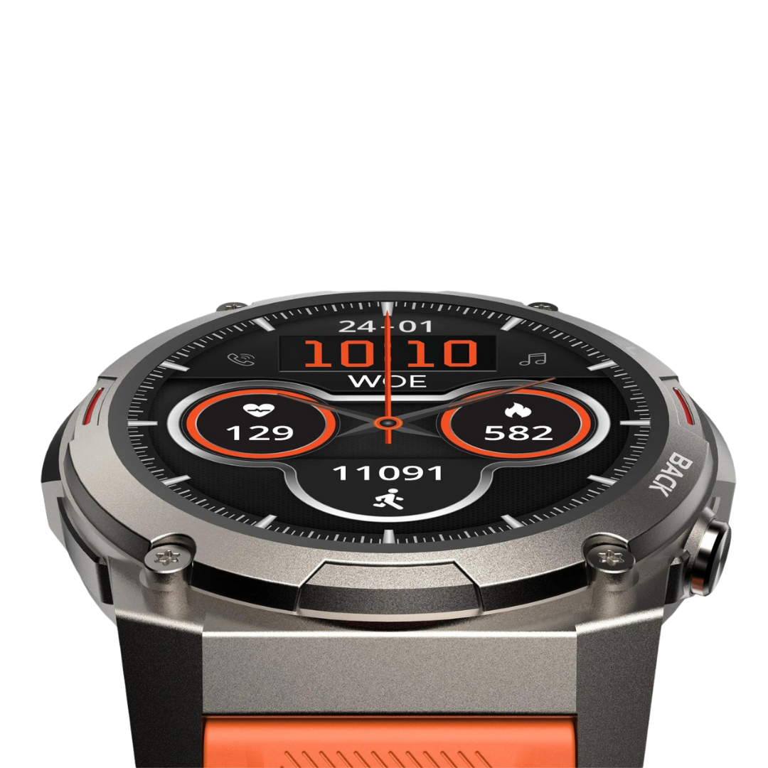 Silberne Smartwatch mit orangefarbenem Armband, Fitness-Tracker, Herzfrequenz, Schritte.