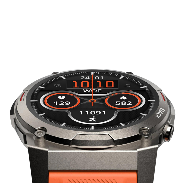 Silberne Smartwatch mit orangefarbenem Armband, Fitness-Tracker, Herzfrequenz, Schritte.
