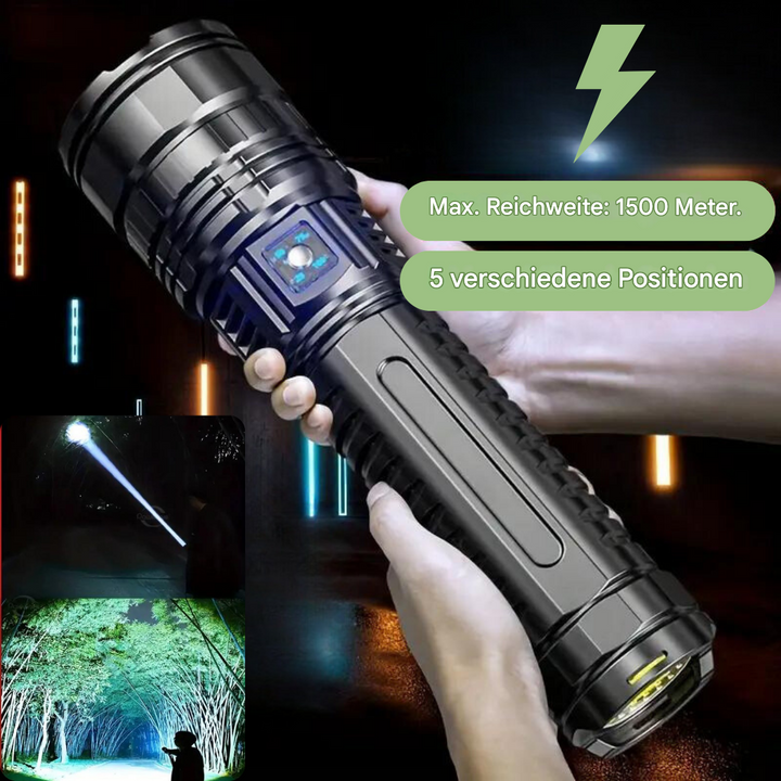 Schwarze LED-Taschenlampe, 1500 Meter Reichweite, 5 Modi, Outdoor-Nutzung.