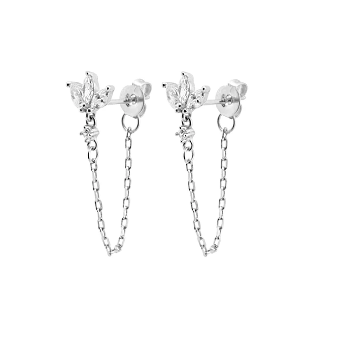Silberne Ohrringe mit Ketten, Blattdesign, Zirkonia, modischer Schmuck für Damen.