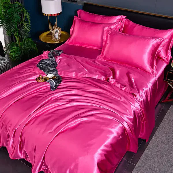Pinkes Seidensatin-Bettwäsche-Set, luxuriös, glänzend, Schlafzimmer-Dekoration, modern.