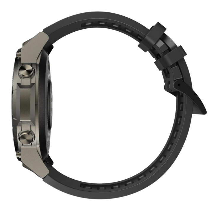 Schwarze Smartwatch mit robustem Gehäuse, seitliche Knöpfe, sportliches Design, Armband aus Silikon.