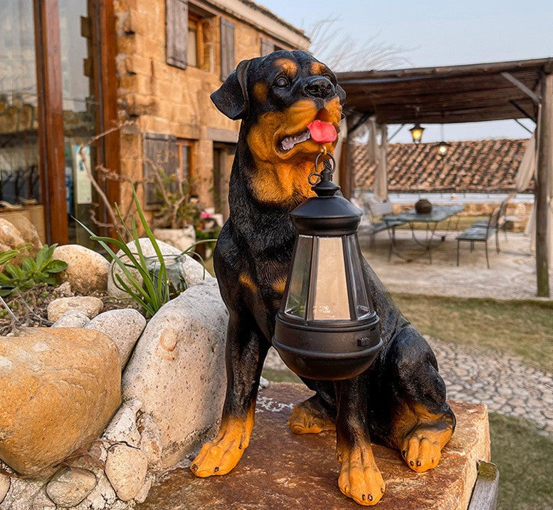 Rottweiler-Statue mit Solarlaterne, Garten-Dekoration, wetterfest, realistisch, schwarz-braun.