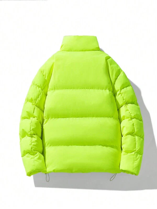 Neongelbe Daunenjacke, Unisex, Wintermode, warm, gesteppte Pufferjacke, modisch.