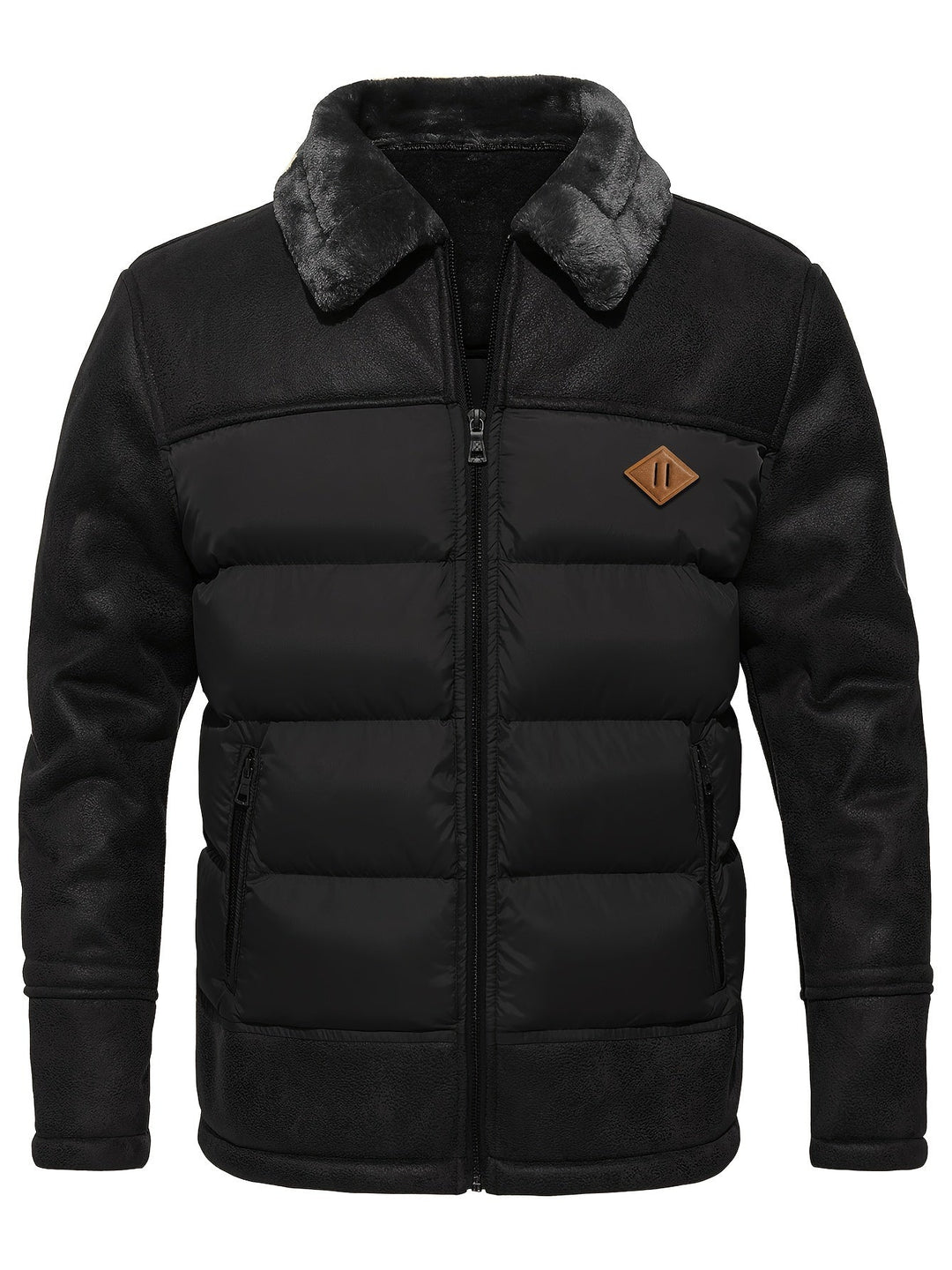 Schwarze Herren-Winterjacke mit Kunstfellkragen, Reißverschluss, gesteppter Optik.