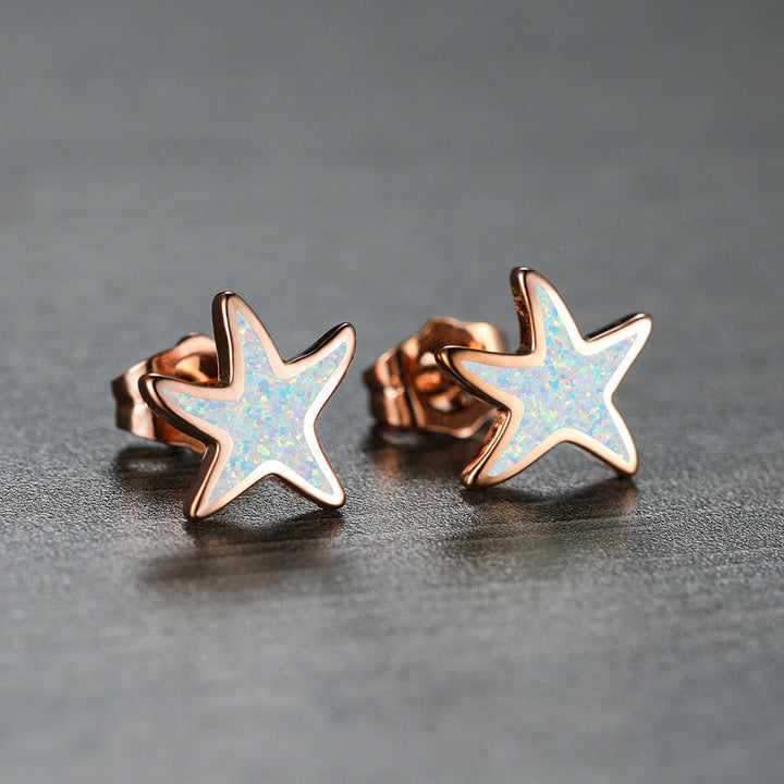 Sternförmige Ohrringe, Roségold, Opal-Einlage, Damen-Schmuck, modisch, elegant.