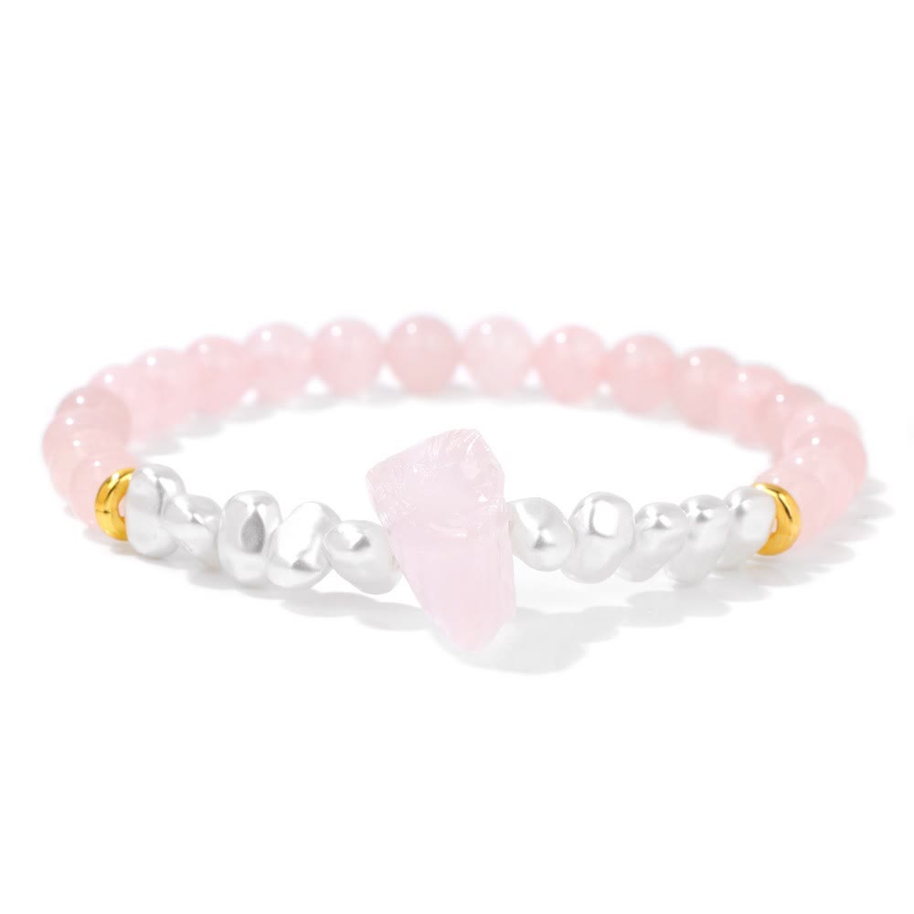 Rosenquarz-Armband mit silbernen und goldenen Akzenten, Edelstein-Schmuck, Damen-Accessoire.