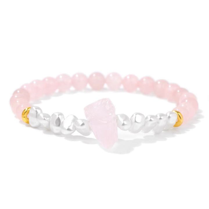 Rosenquarz-Armband mit silbernen und goldenen Akzenten, Edelstein-Schmuck, Damen-Accessoire.