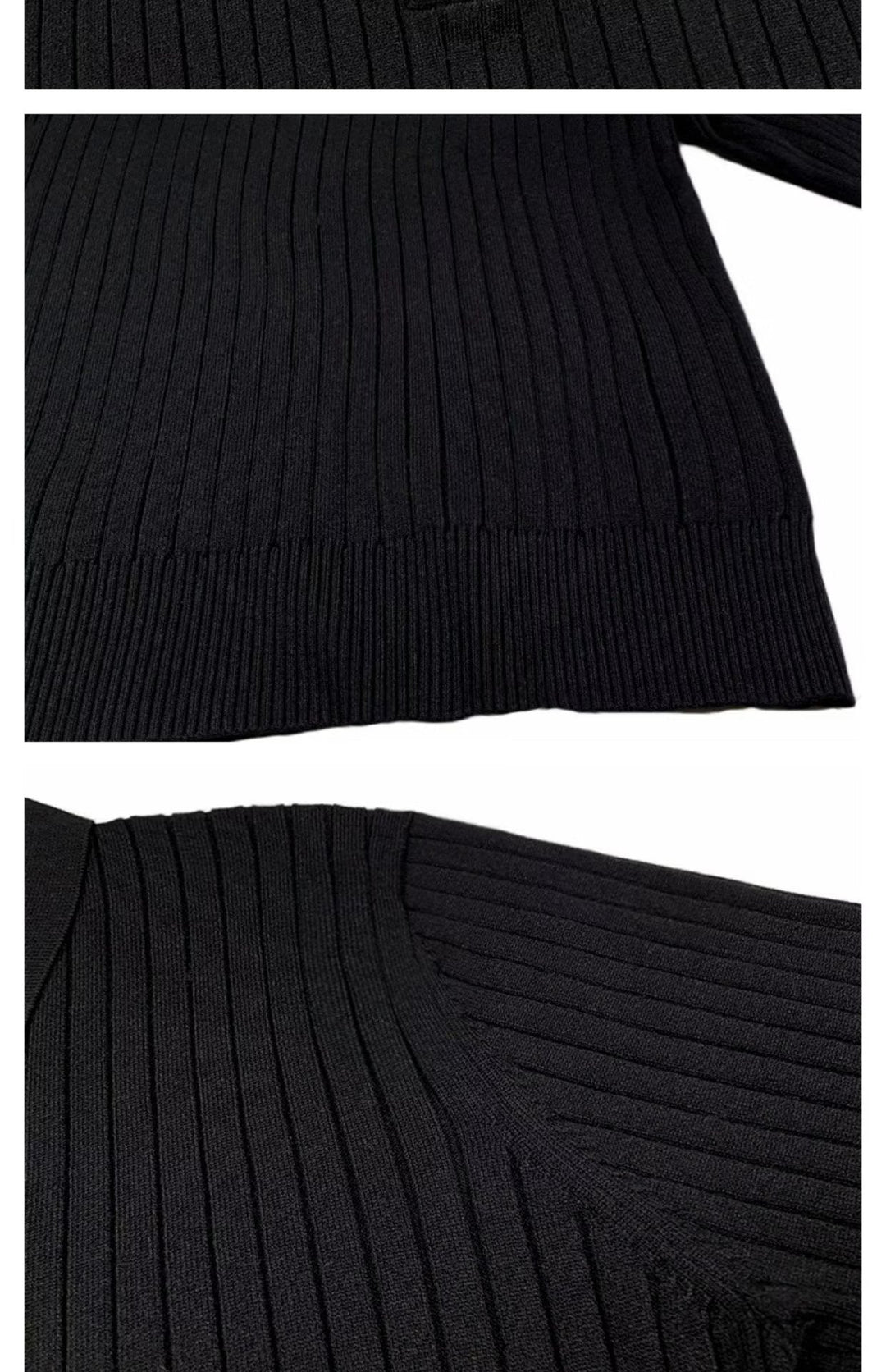 Schwarzer gerippter Pullover aus Baumwolle, Nahaufnahme, modisches Design, Herbstbekleidung.