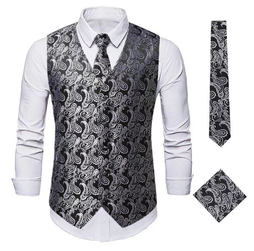Schwarze Paisley-Weste mit Krawatte und Einstecktuch, Herrenmode, elegant, formell.