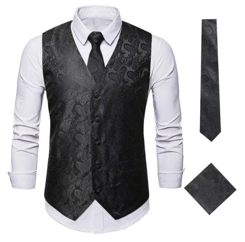 Schwarze Herrenweste mit Paisley-Muster, Krawatte und Einstecktuch, elegant, formell.