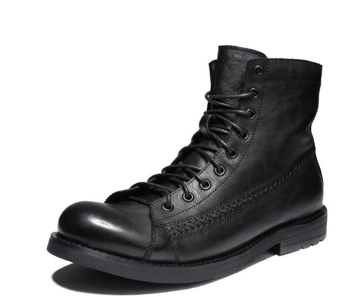 Schwarzer Lederstiefel, Schnürung, robuster Absatz, Herrenmode, Outdoor-Boots.