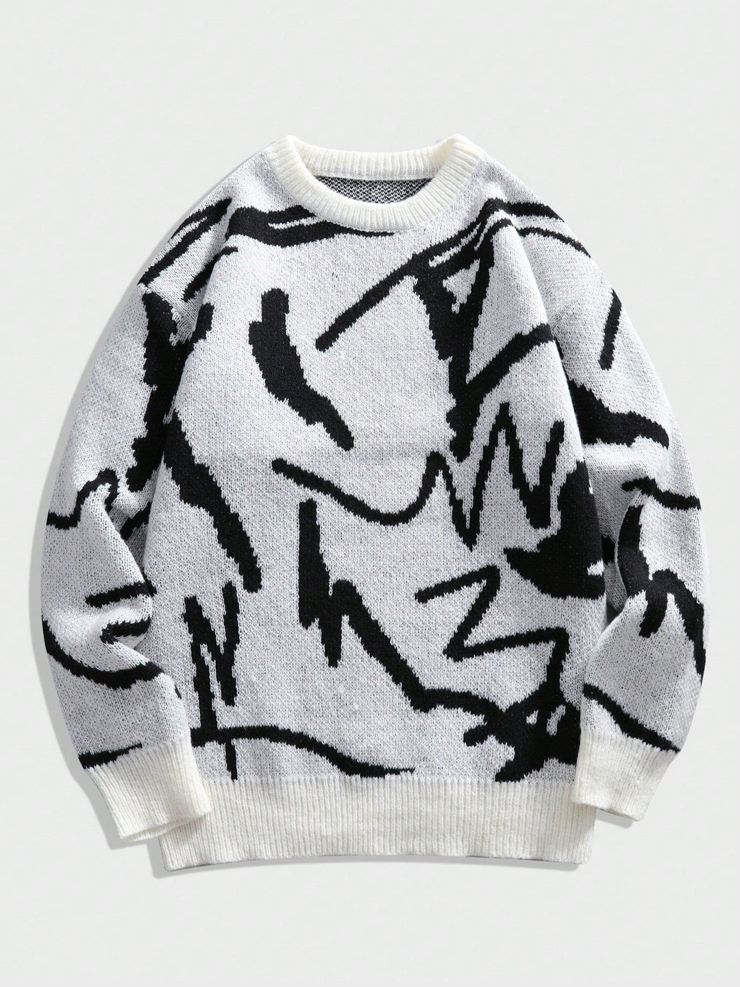 Schwarz-weißer Strickpullover mit abstraktem Muster, Unisex, Baumwolle, modisch, warm.
