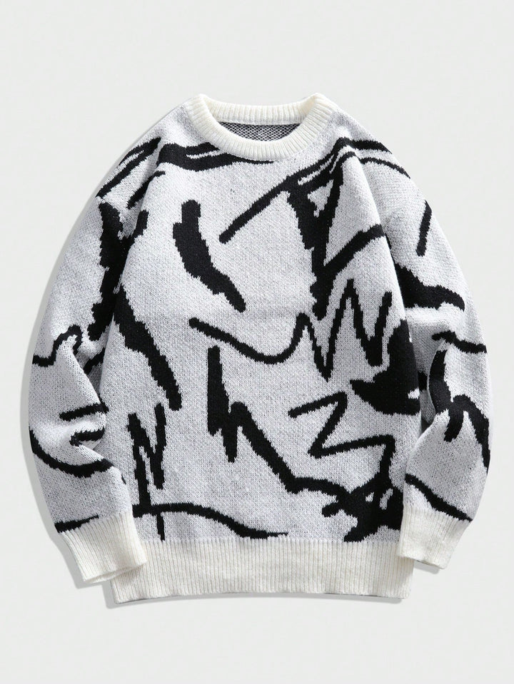 Schwarz-weißer Strickpullover mit abstraktem Muster, Unisex, Baumwolle, modisch, warm.