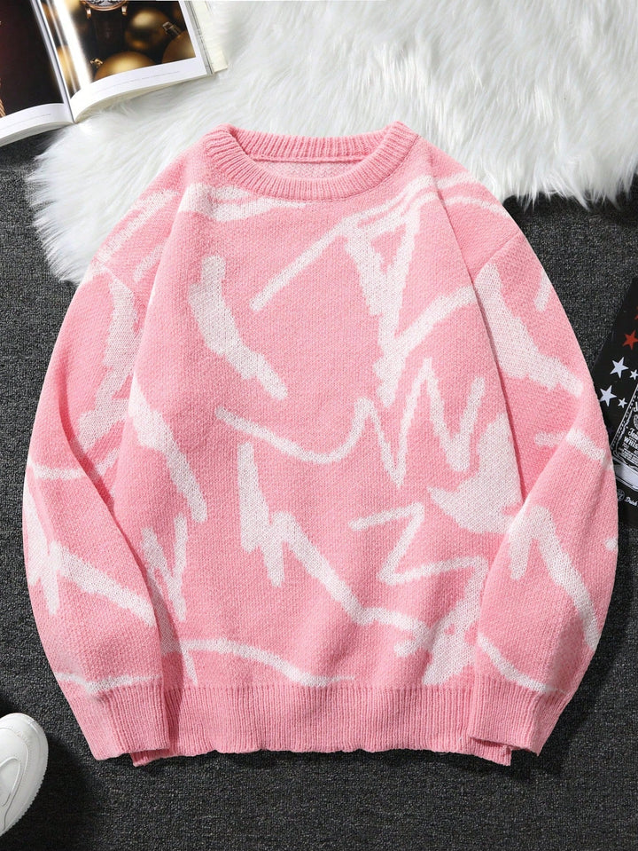Rosa Strickpullover mit abstraktem Muster, Damenmode, weiches Material, Herbst-Winter-Trend.