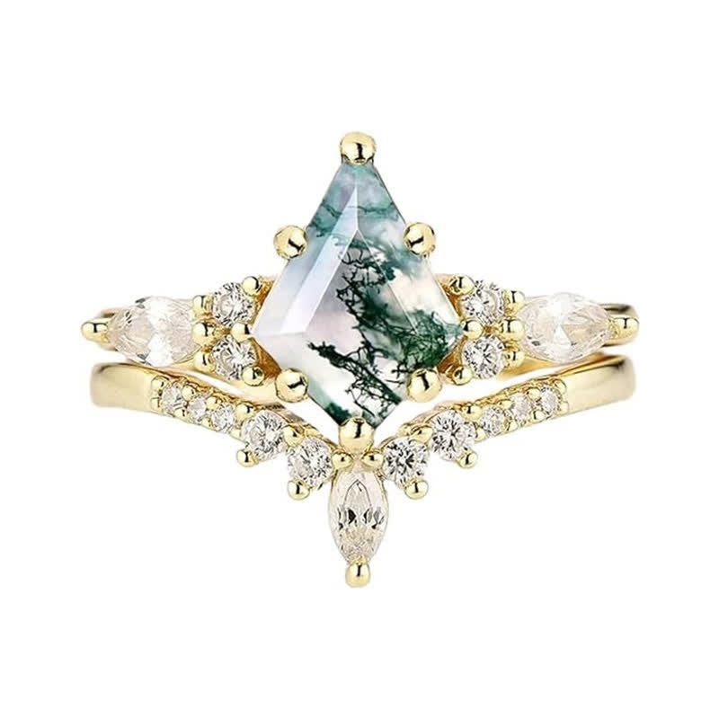 Goldener Ring mit Moosachat und Diamanten, elegantes Design, Damen-Schmuck, Verlobungsring.