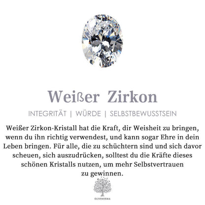 Weißer Zirkon-Kristall, oval, funkelnd, Schmuckstein, Integrität, Würde, Selbstbewusstsein.