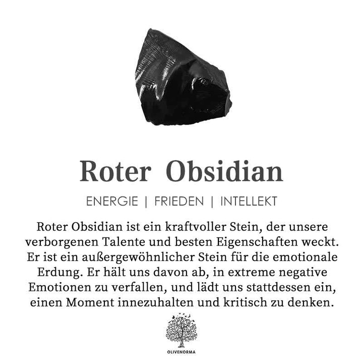 Schwarzer Obsidianstein auf weißem Hintergrund, Text über Energie, Frieden, Intellekt.
