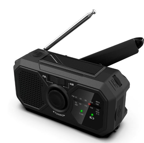 Schwarzes tragbares Notfallradio mit Kurbel, Solarpanel und FM/AM-Empfang.