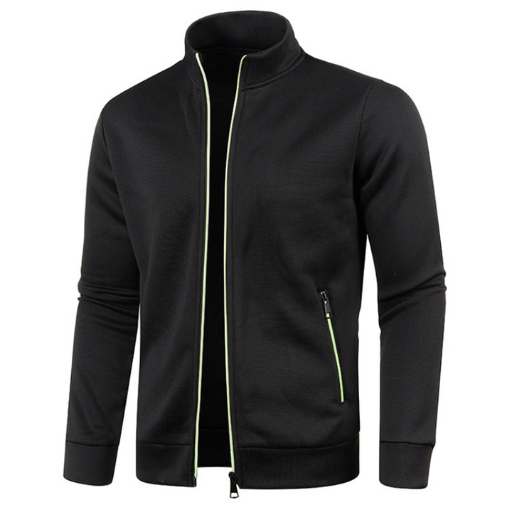 Schwarze Herren-Sweatshirtjacke mit Reißverschluss, Stehkragen, sportlich, modisch.