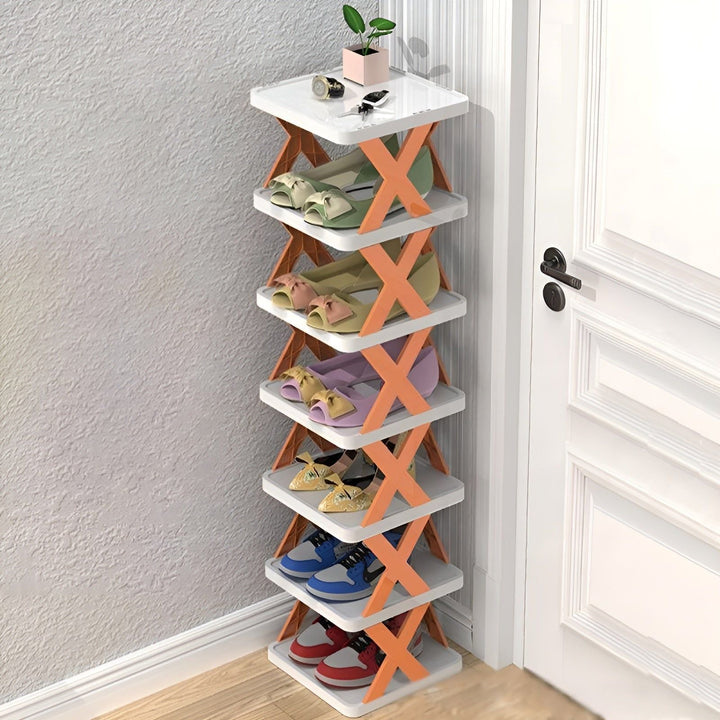 Schuhregal aus Holz, weiß-orange, 7 Ebenen, platzsparend, für Flur oder Schlafzimmer.