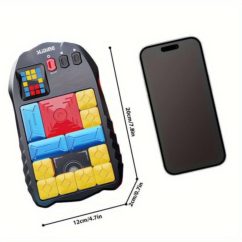 Schiebepuzzle-Spielzeug aus Kunststoff, bunt, neben Smartphone, Maße 20x12cm.