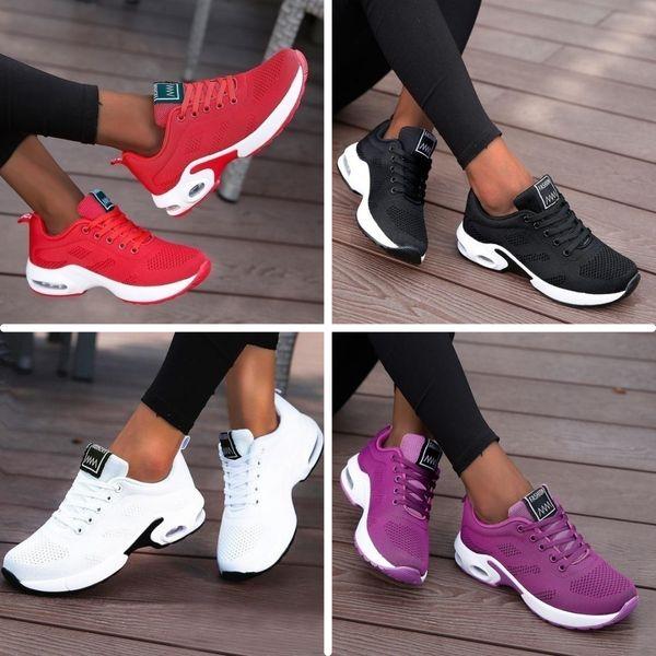 Damen-Sneaker in Rot, Schwarz, Weiß und Lila, atmungsaktiv, sportlich, modisch, bequem.